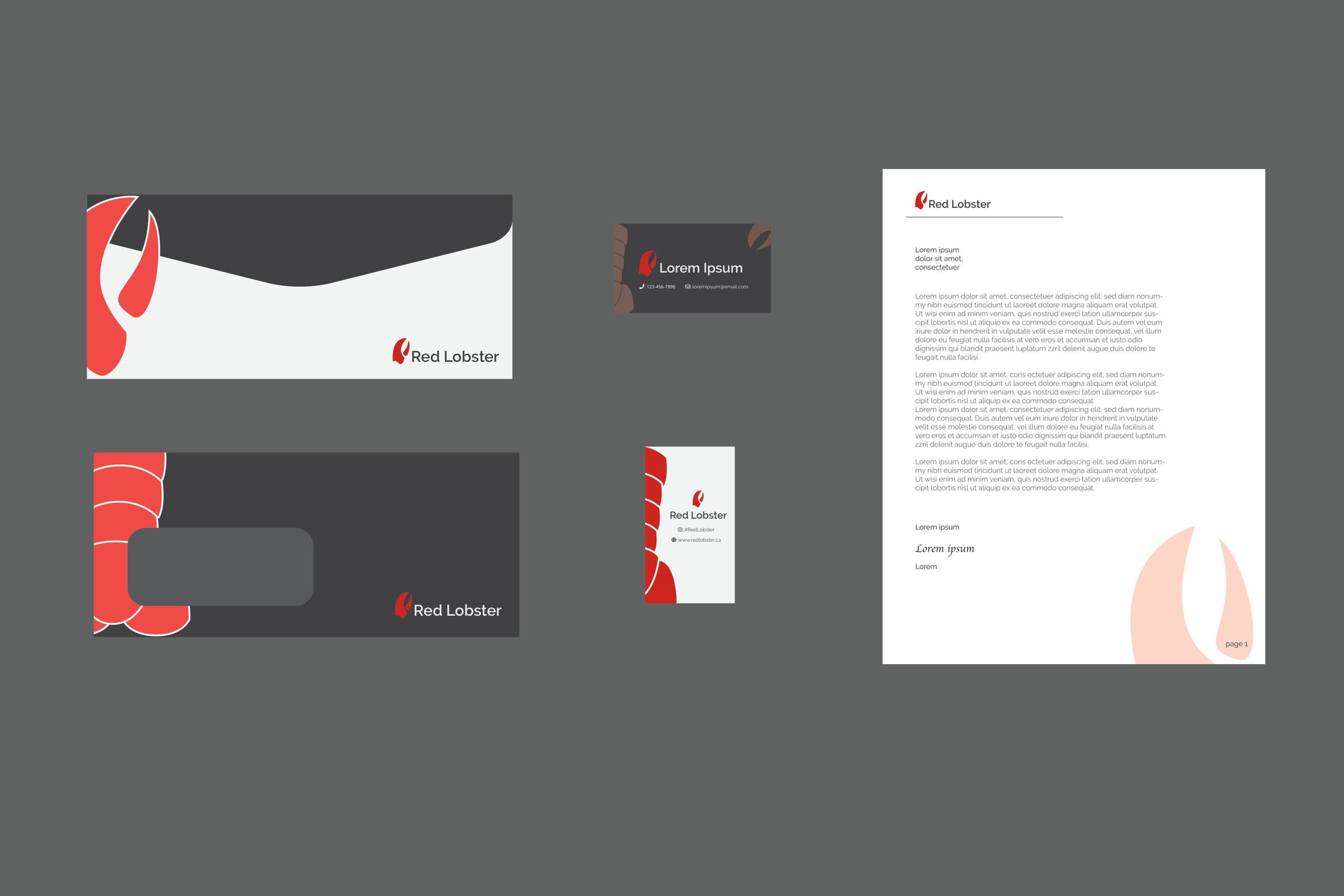 Rejected direction — a charcoal-and-coral stationery set with a wave-cut envelope flap
