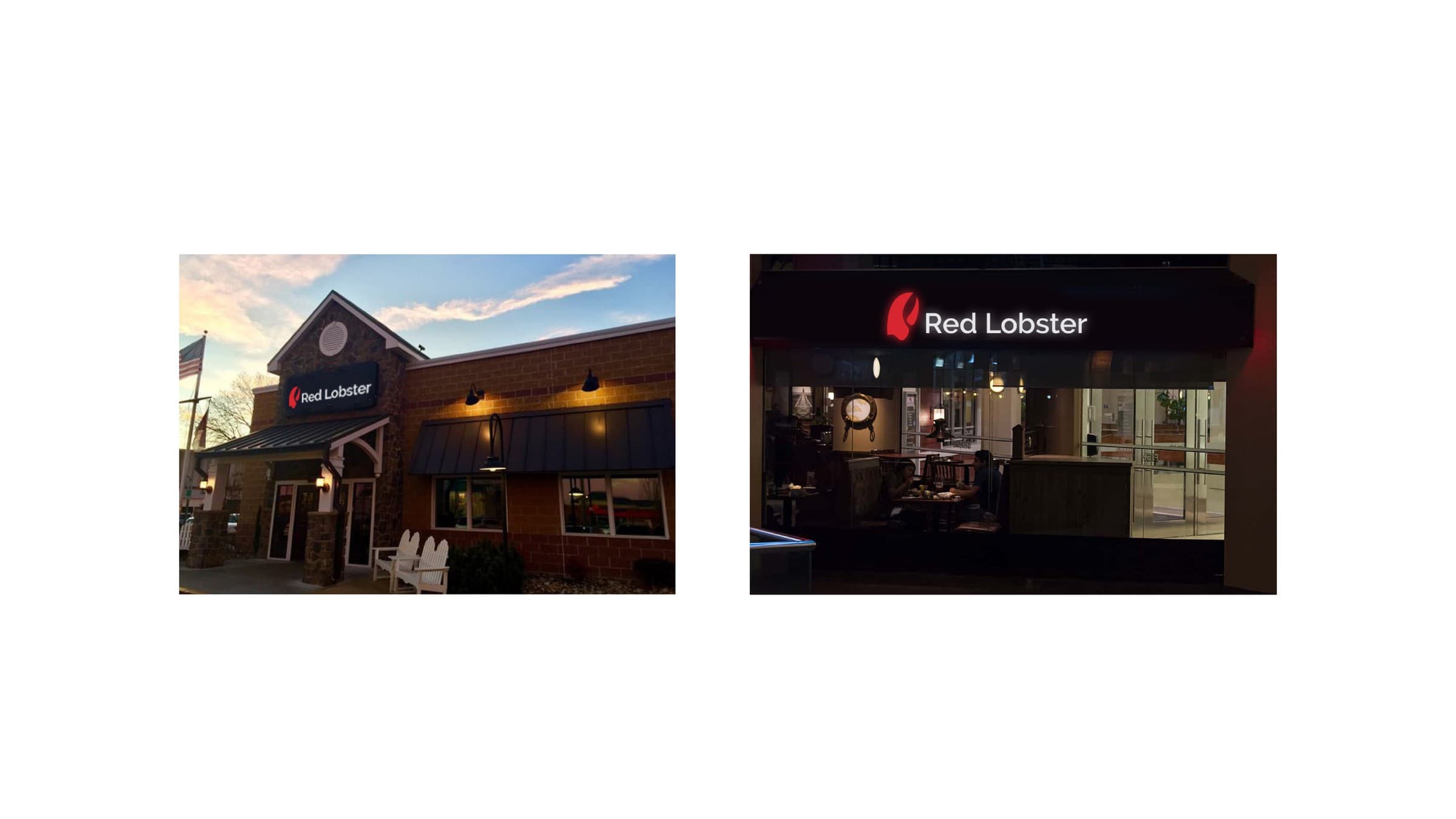 Environmental signage — day and night storefront treatments side by side