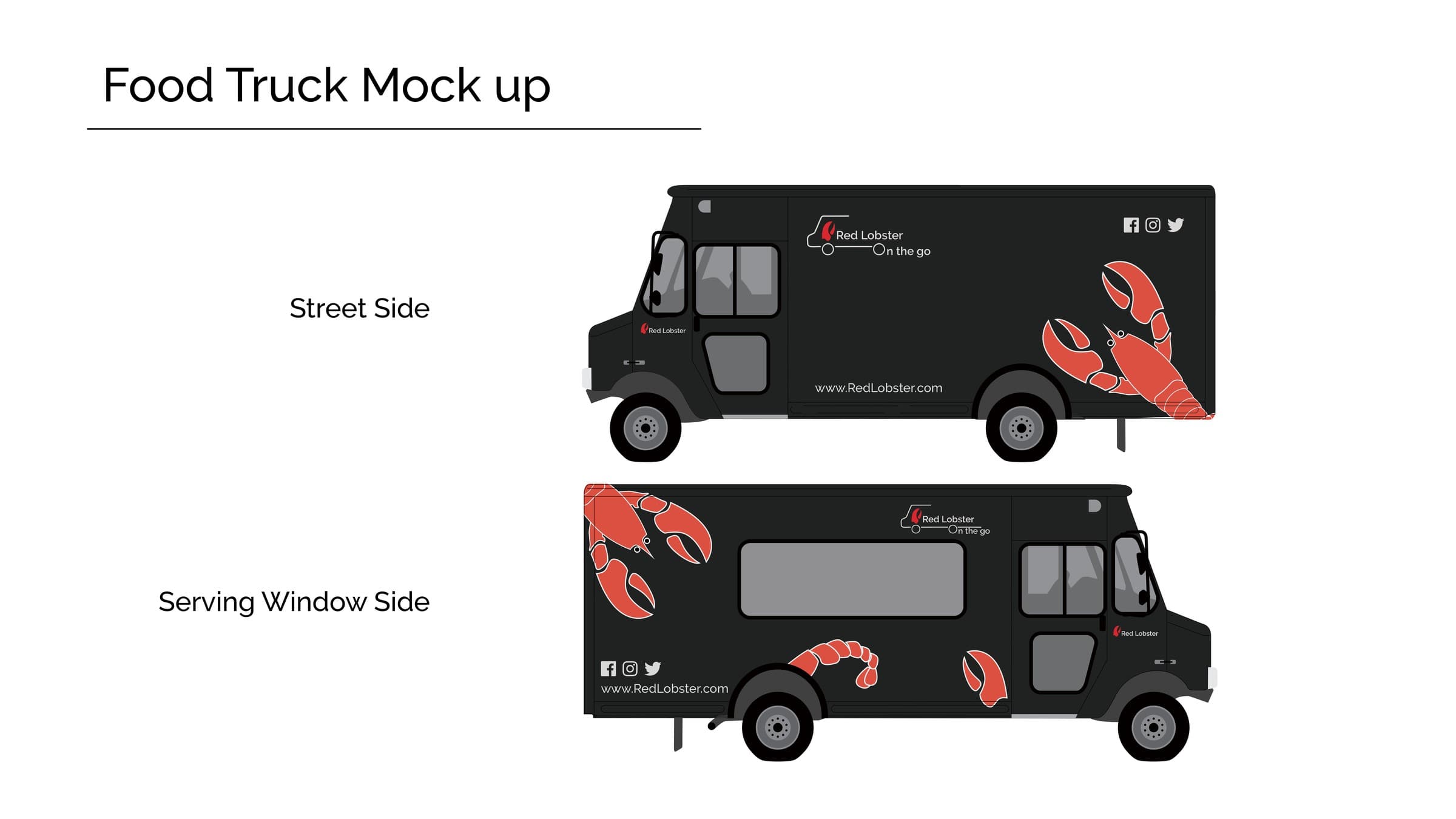 Food-truck wrap — street side and service-window side, extending the mark to a mobile format