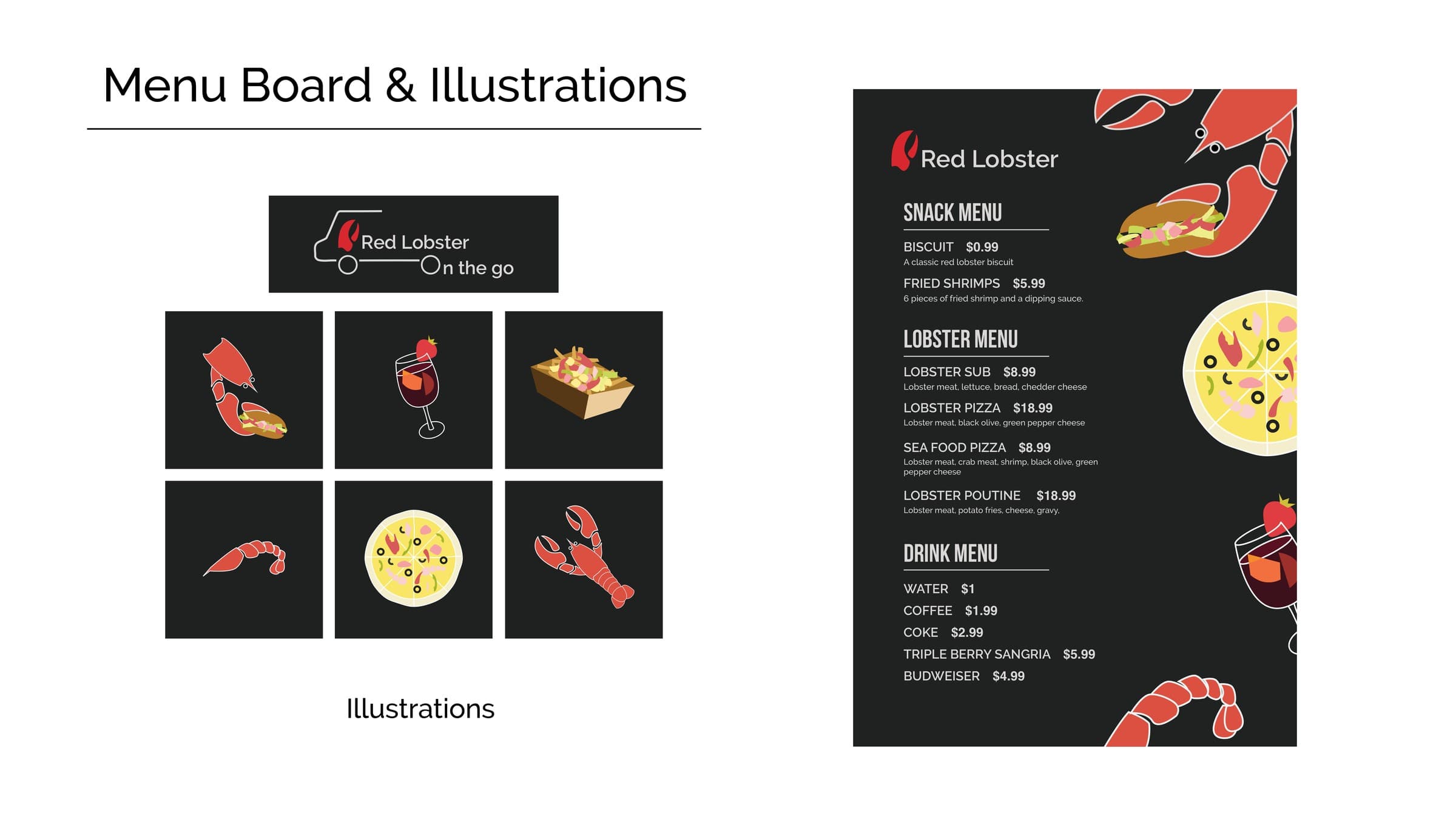 Original food illustration set built for the menu board, plus the finished board