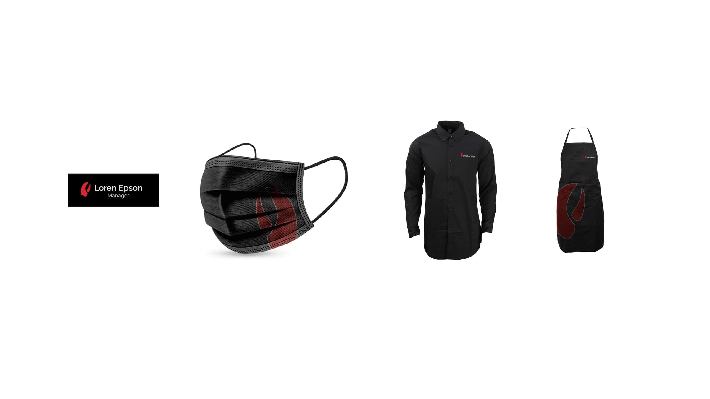 Staff apparel — name badge, mask, shirt, and apron carrying the mark at small sizes