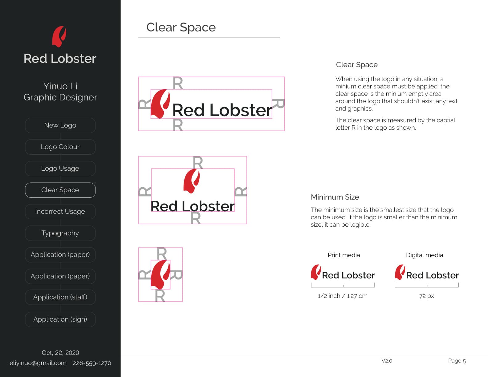 Style guide page — clear-space and minimum-size rules, measured against the logo's own capital R