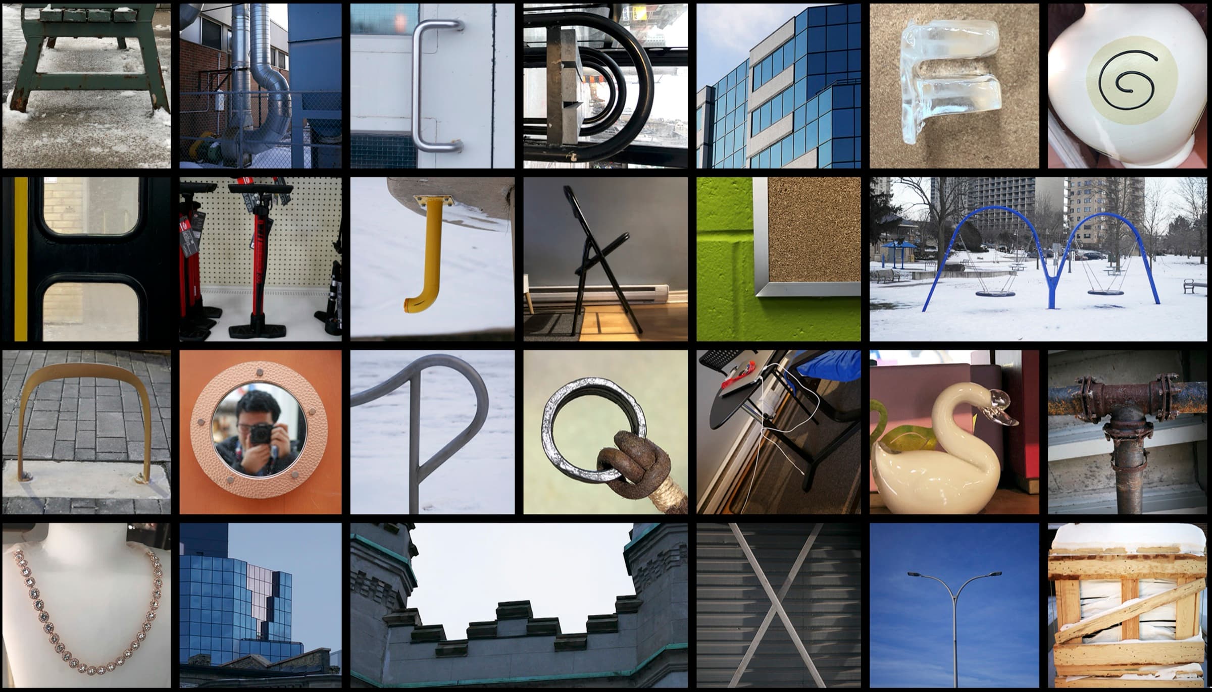 Found-alphabet study — 26 photographed letterforms discovered in everyday objects and architecture