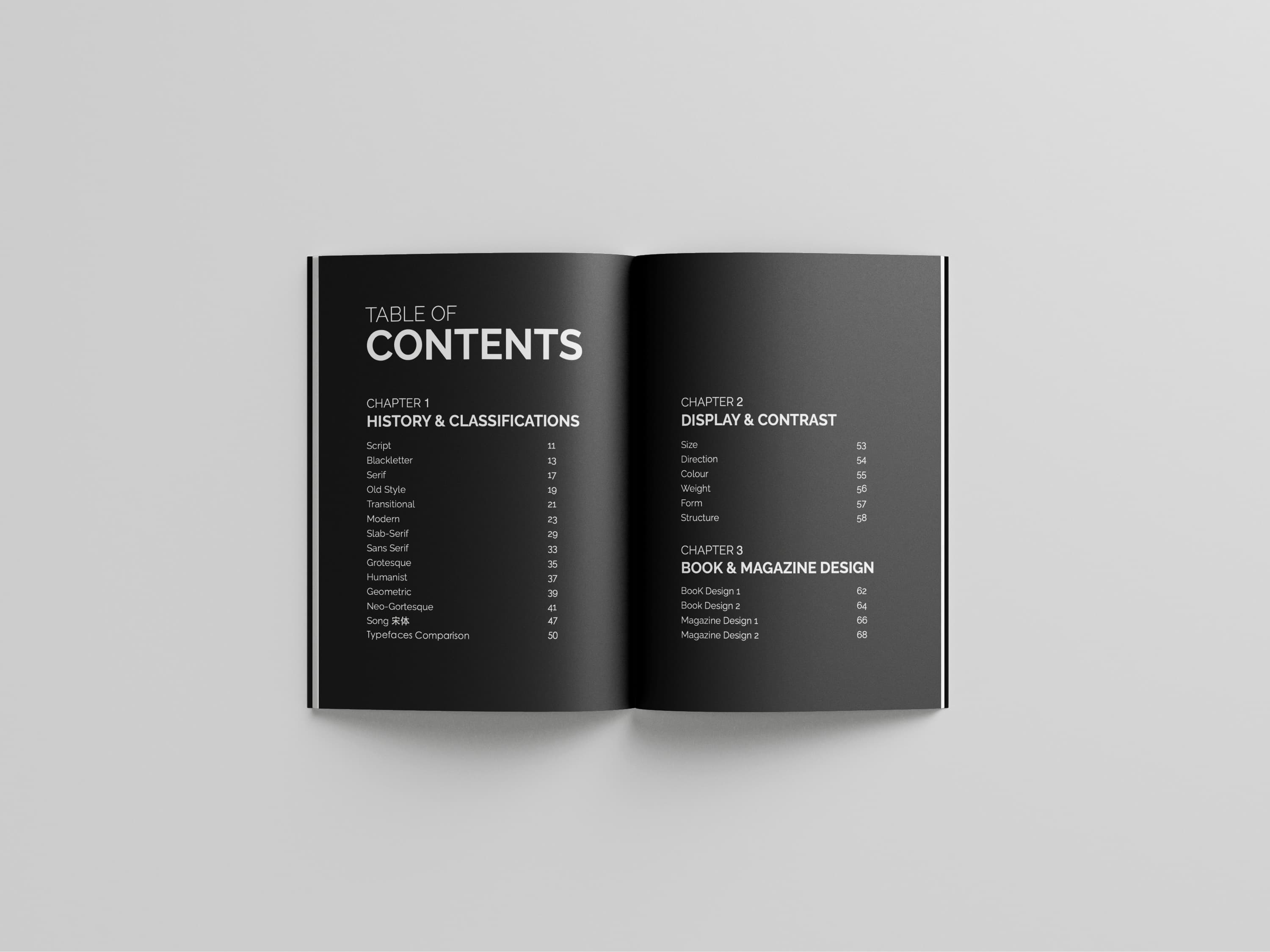 Table of contents spread, organized by chapter