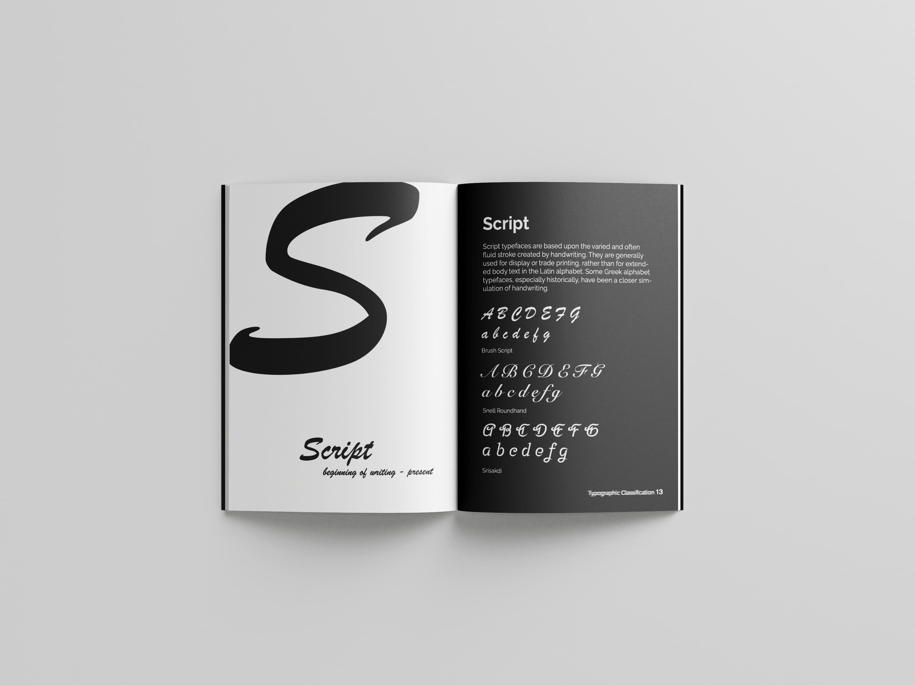Script classification spread, pairing a full-bleed letterform with historical background and specimen alphabets