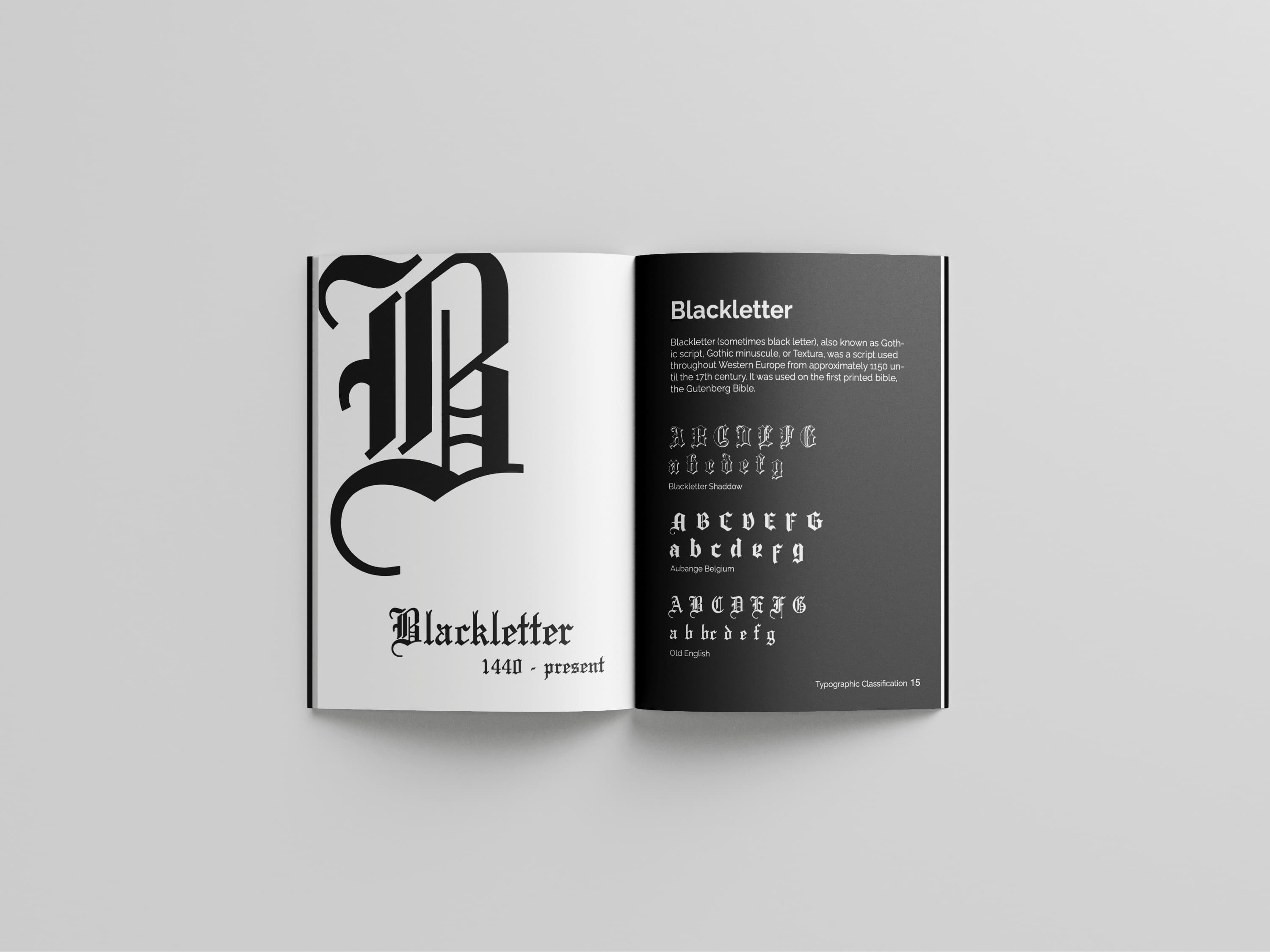 Blackletter classification spread, with a full-bleed letterform and specimen alphabets