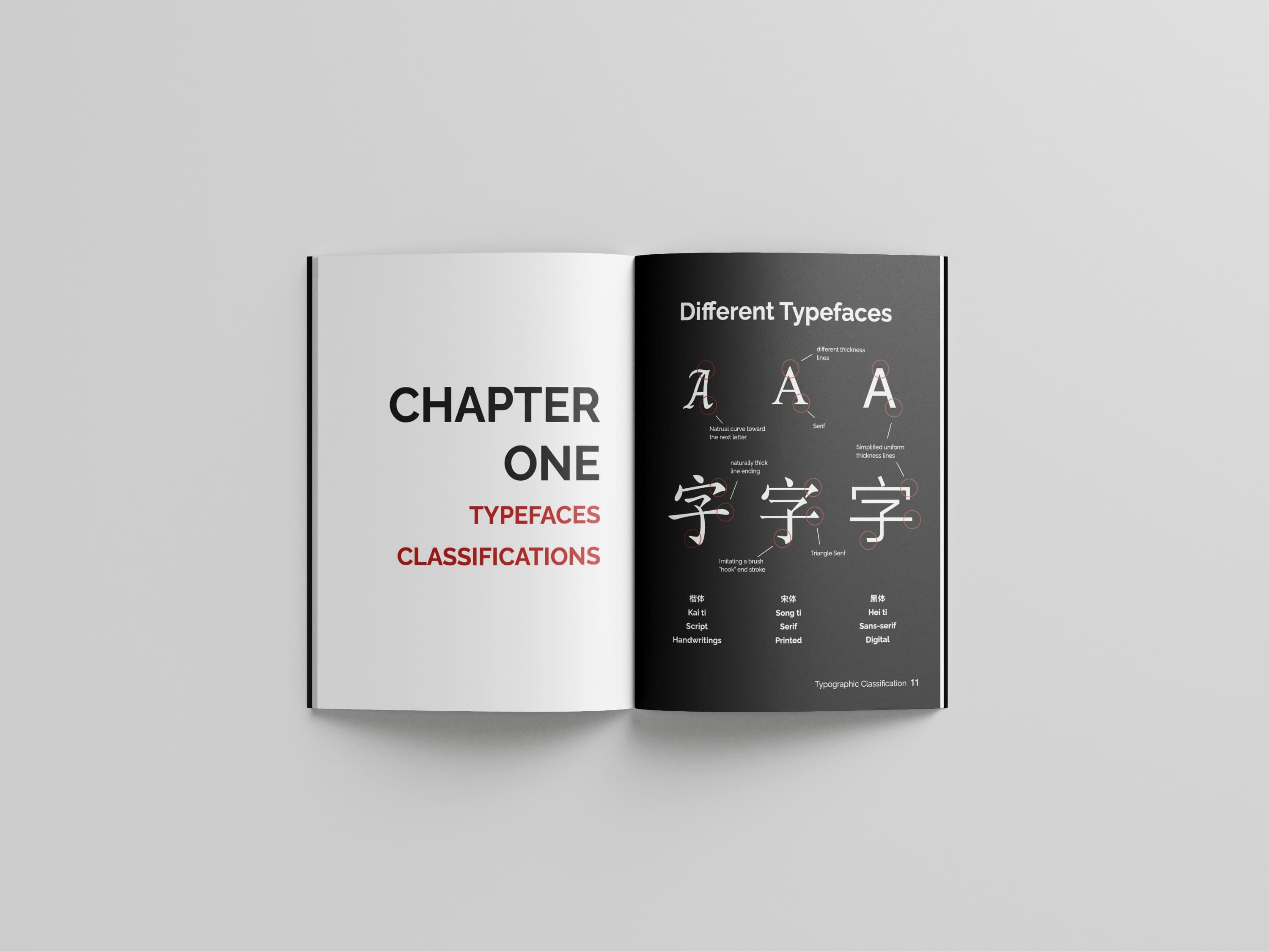 Chapter opener — Typefaces Classifications, with an annotated diagram comparing serif and Chinese character construction
