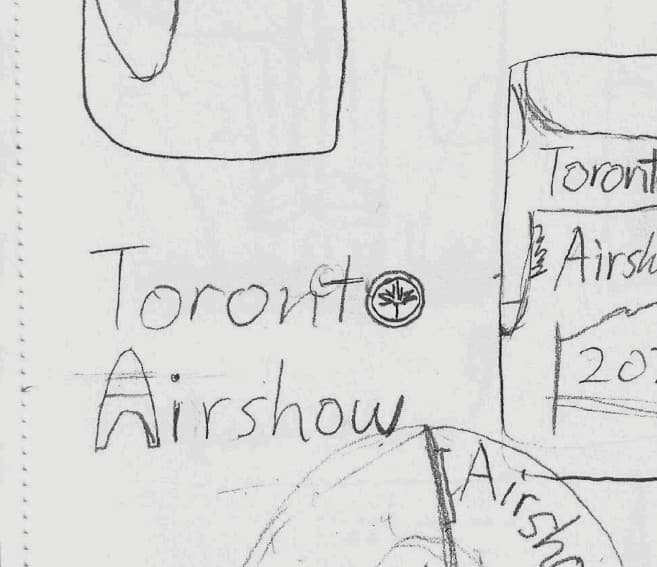 Pencil sketch exploring the Toronto Airshow wordmark alongside a roundel mark