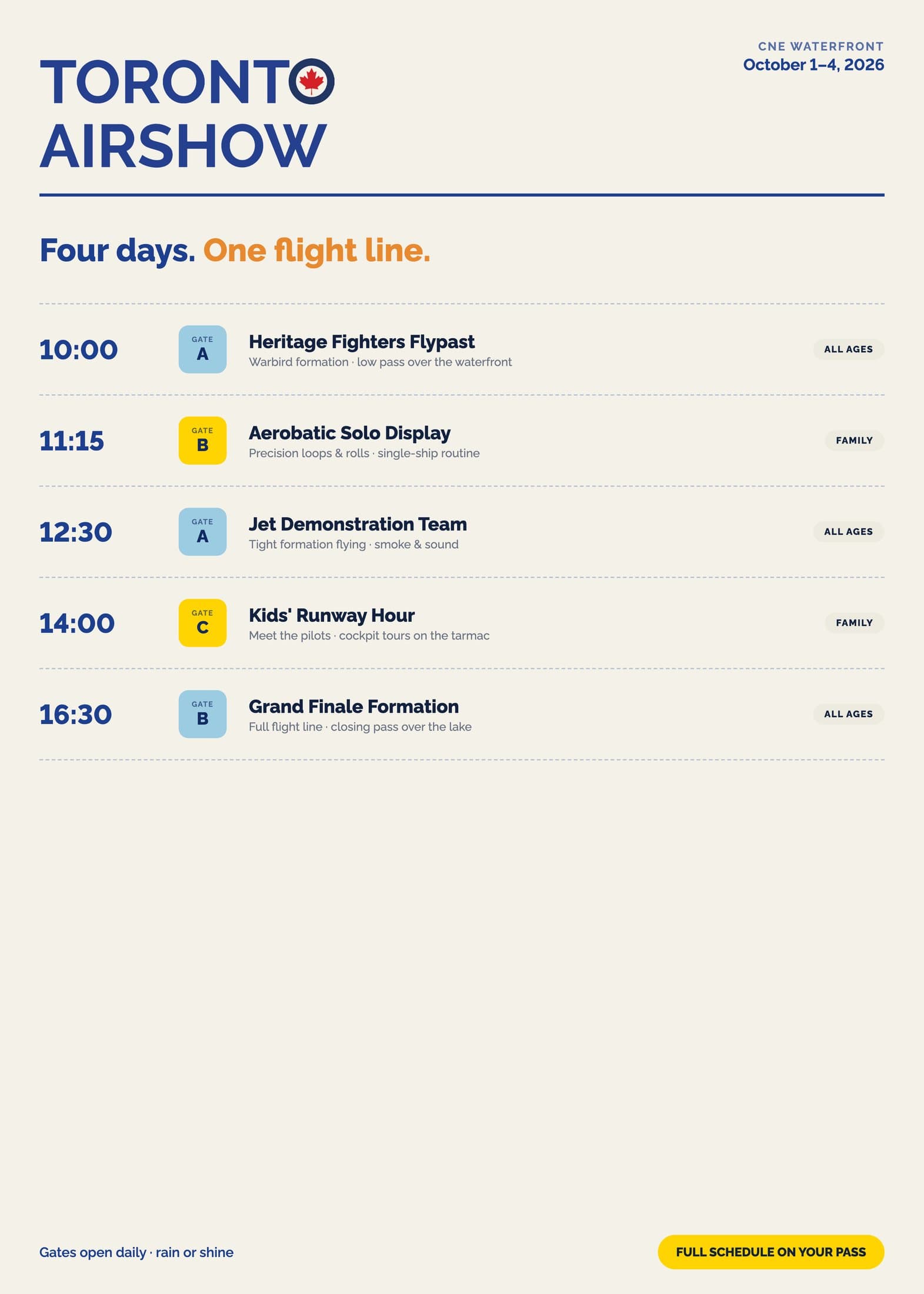 Schedule poster — the four show days laid out as a departure board