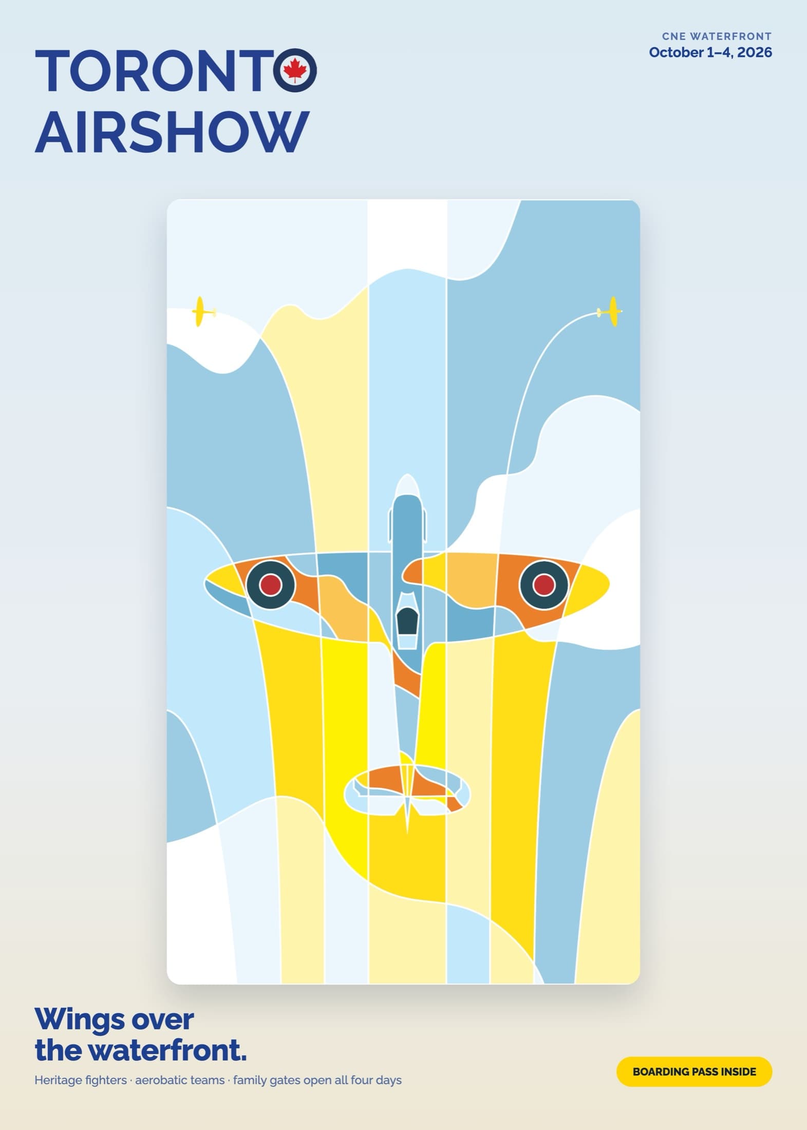 Campaign poster — the Spitfire climbing through stripe sky, dates set in the pass typography