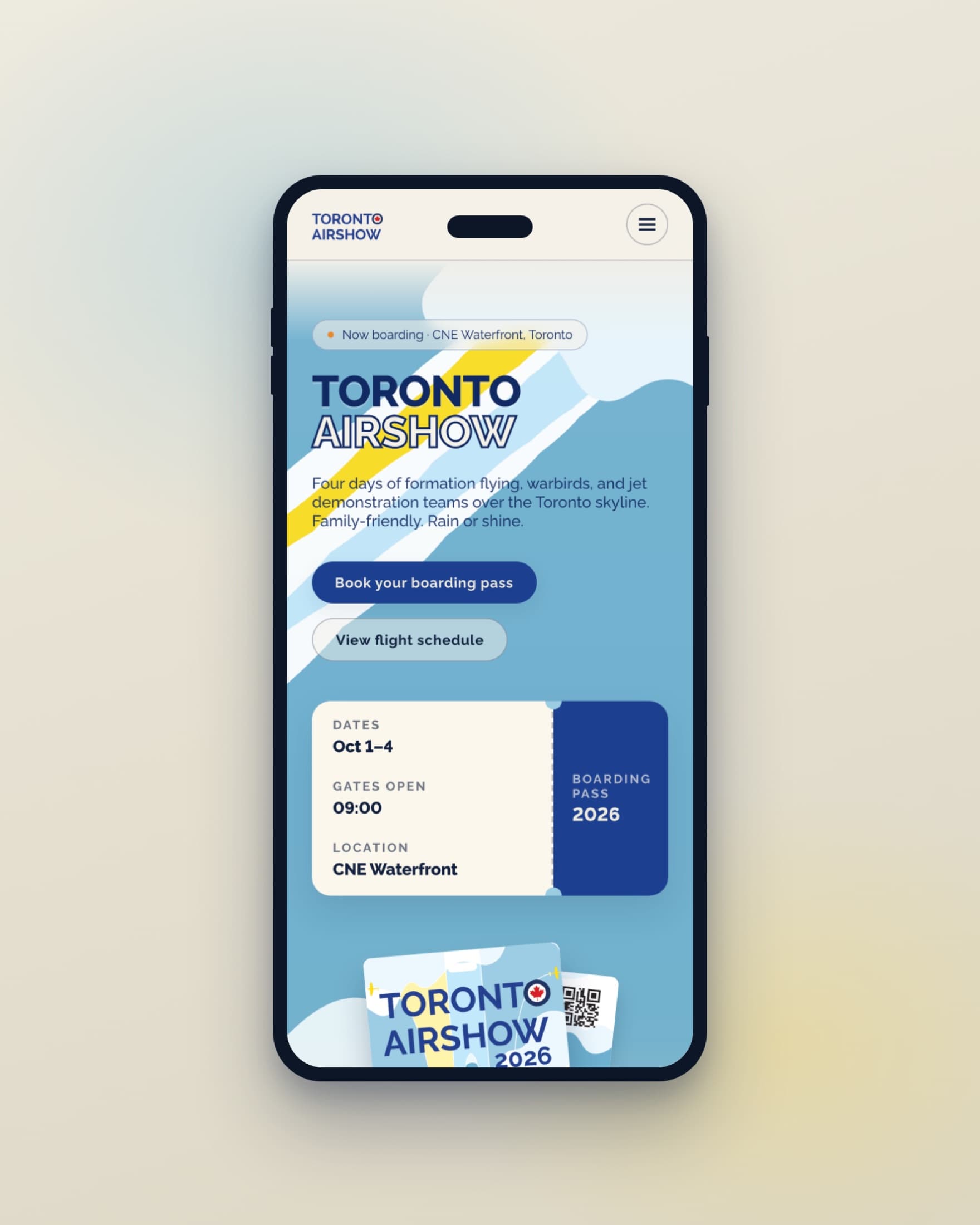 The same site on a phone — the pass stack and flight lineup restacked for one column
