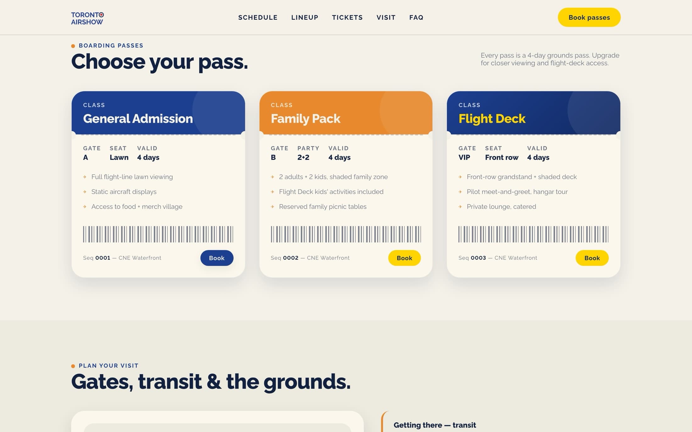 Ticket section — each ticket tier is literally shaped as a boarding pass