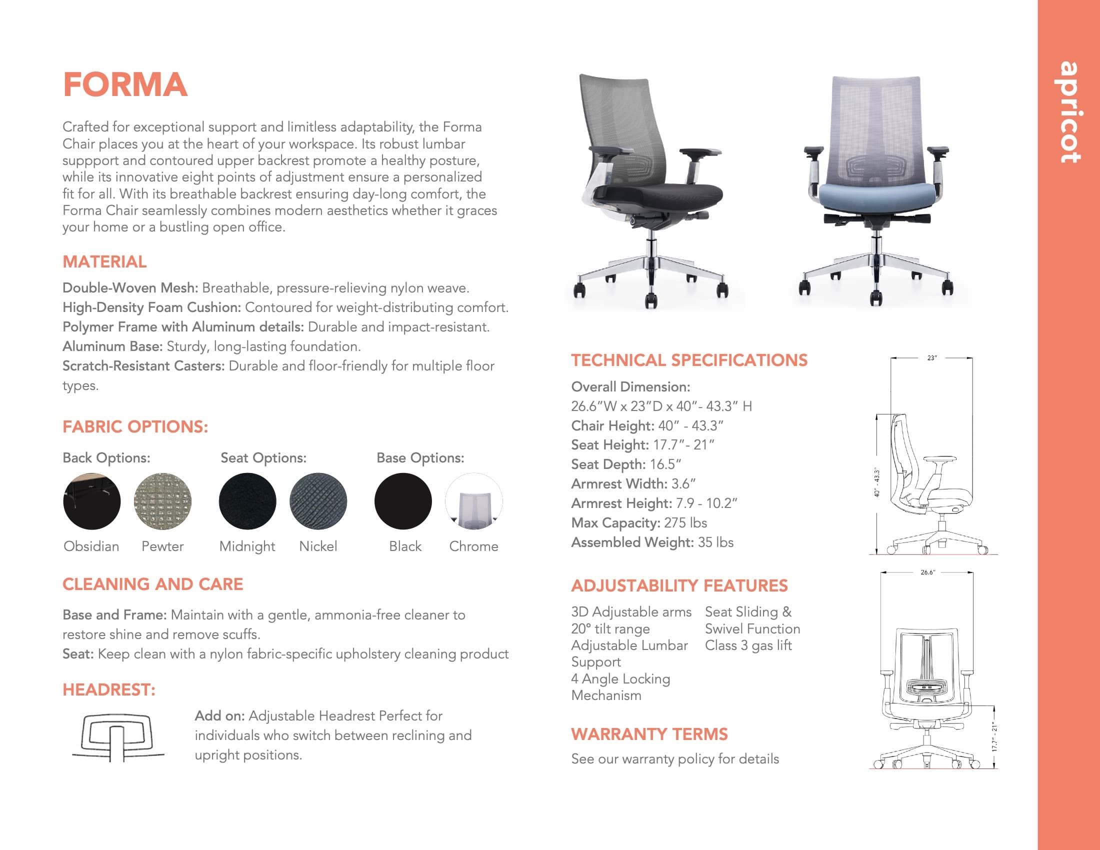 Forma task chair product sheet