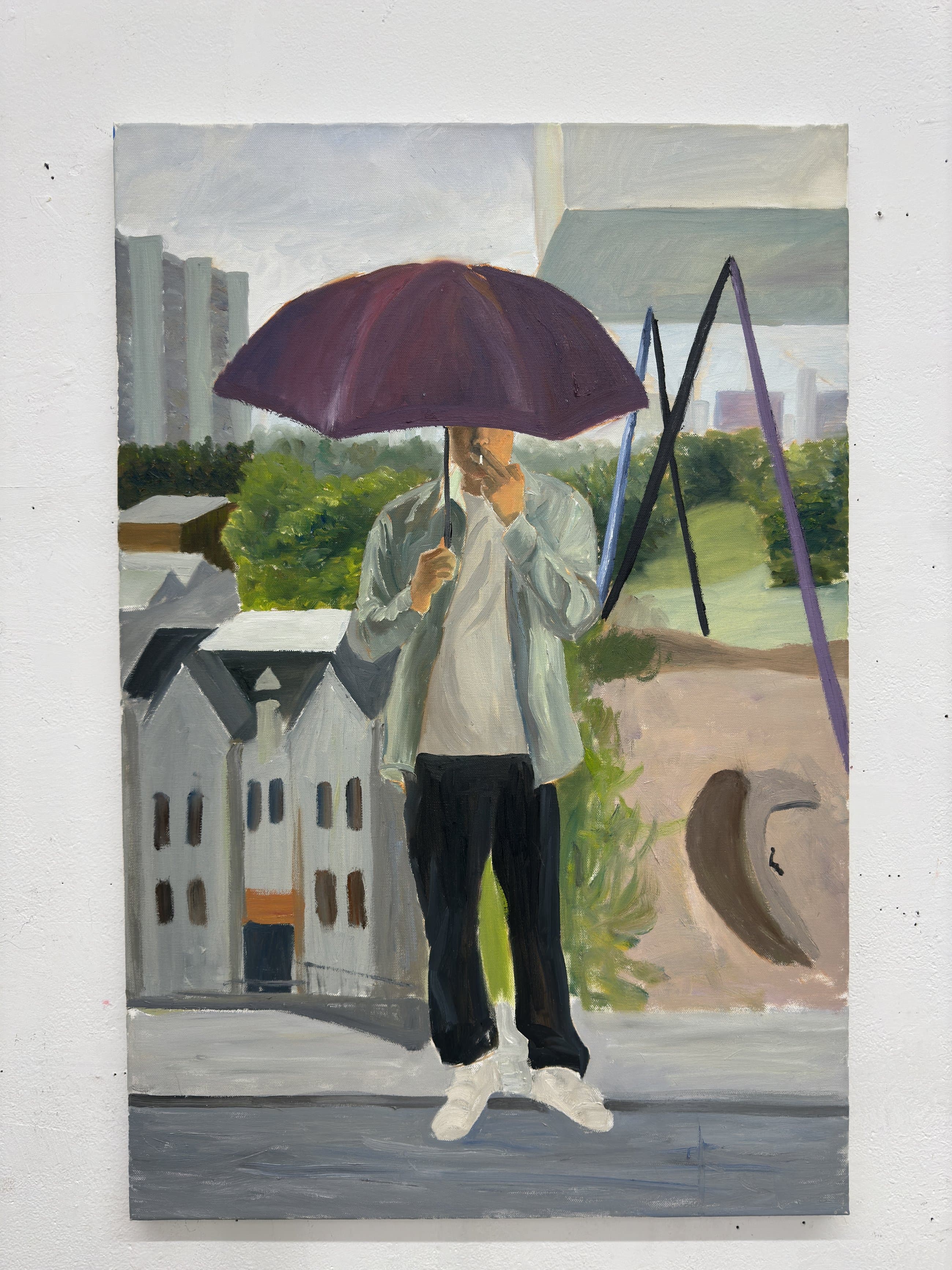 A stranger under a purple umbrella