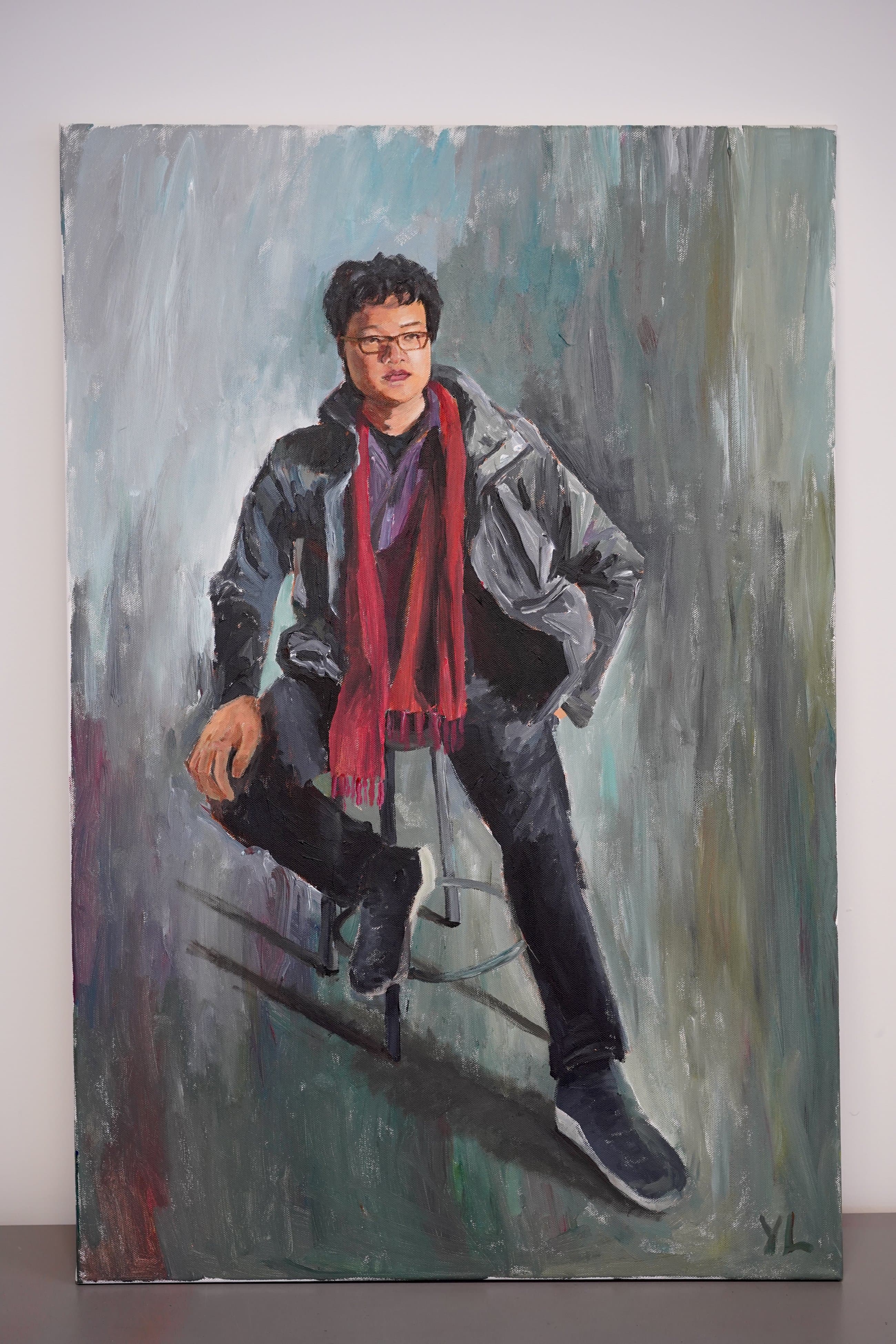 Self-portrait in a red scarf — oil on canvas