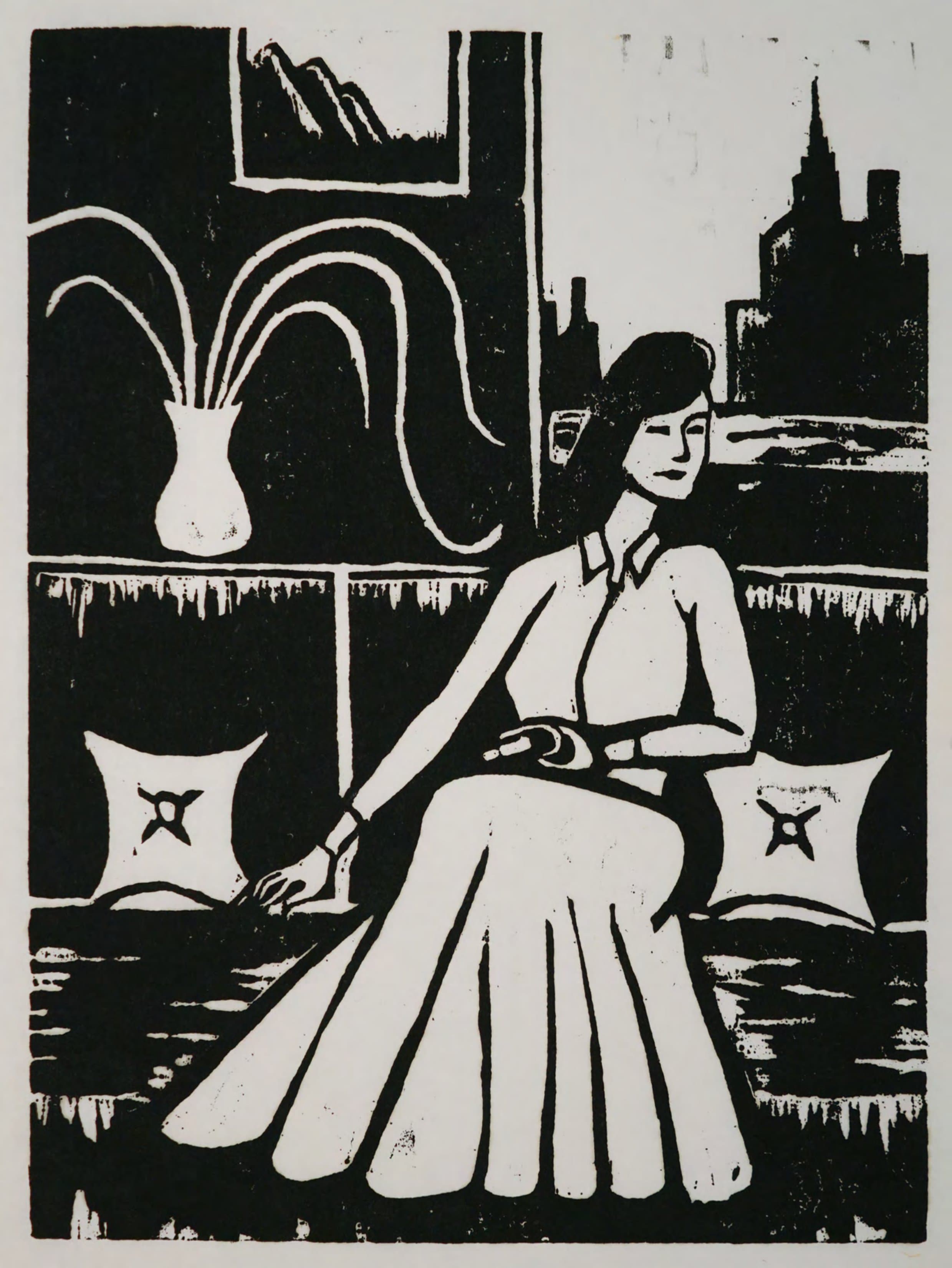 Seated figure — linocut, a figure resting on a sofa by a window
